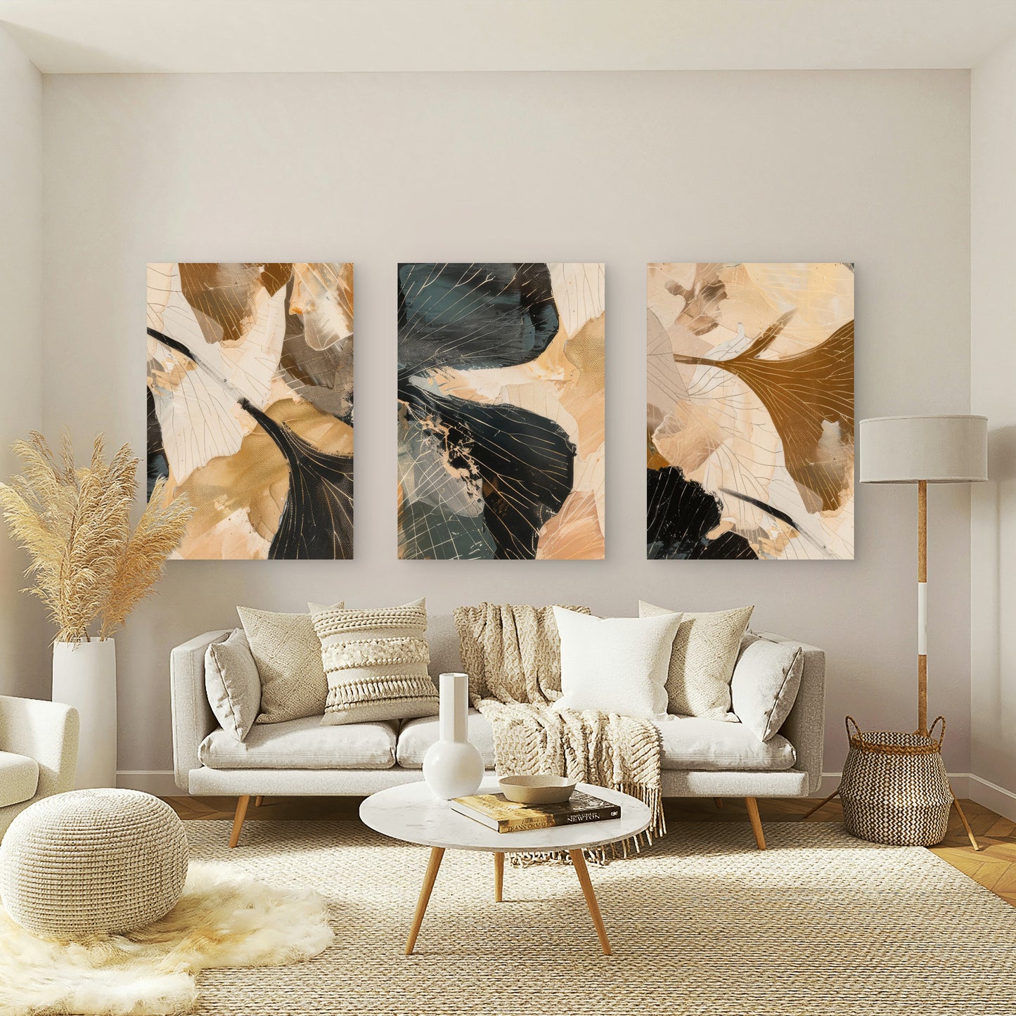 3pcs Beige Black Gold Ginkgo Leaf Modern   Wall Art Set Canvas Framed 50x70cm - High Quality Print 100% Australian Made Wall Canvas Ready to Hang