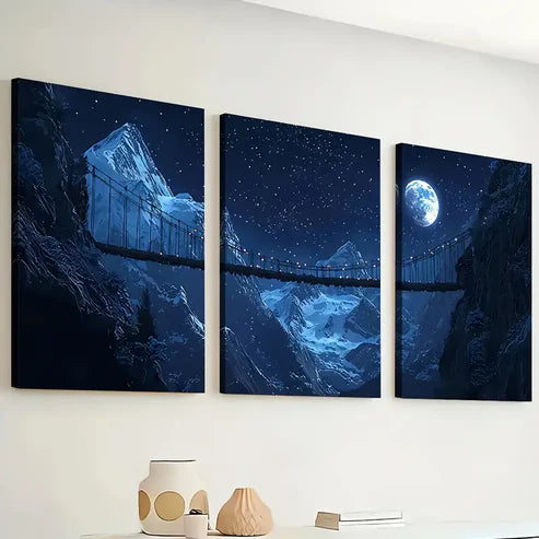 3pcs Modern Natural Mountain Night Scene Artworks Dark Wall Art Set Canvas Unframed - High Quality Print 100% Australian Made Wall Canvas