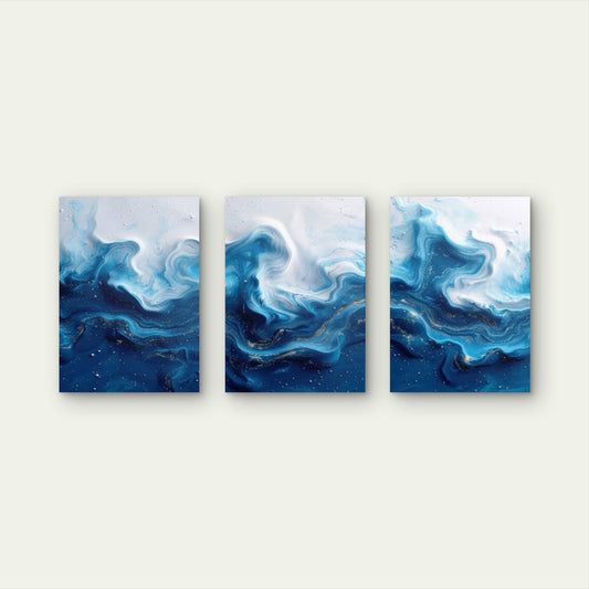 3pcs Blue Ocean Wave Fluid Painting Abstract Navy Wall Art Set Canvas Framed 50x70cm - High Quality Print 100% Australian Made Wall Canvas Ready to Hang