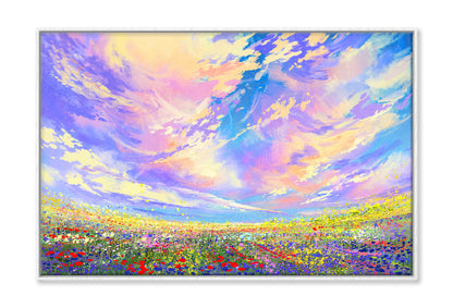 Colorful Flowers in Field under Cloudy Sky Painting Wall Art Limited Edition High Quality Print Canvas Box Framed White