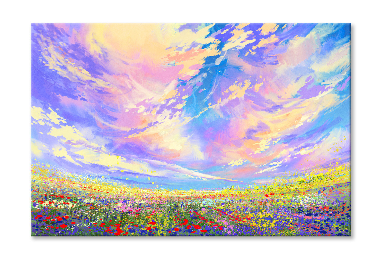 Colorful Flowers in Field under Cloudy Sky Painting Wall Art Limited Edition High Quality Print Stretched Canvas None