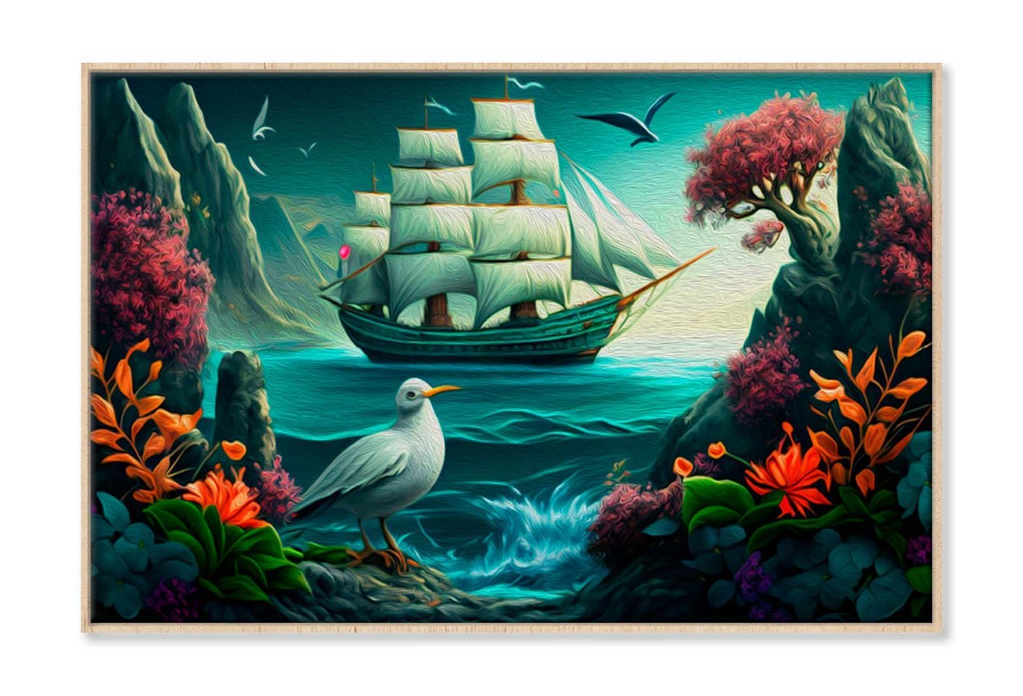 Sailing Boat in Sea and A Bird, Colorful Flowers Wall Art Limited Edition High Quality Print