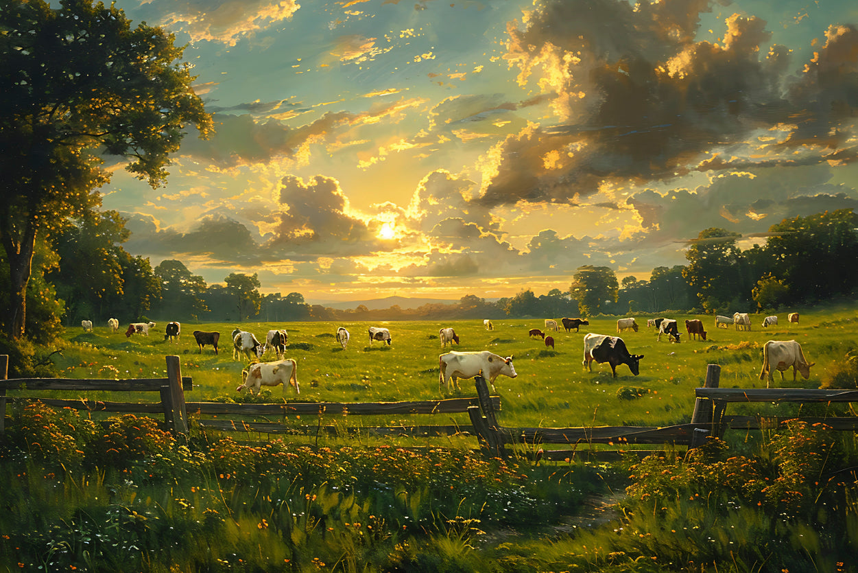 Herd of Cows Grazing In a Field under Cloudy Sky Print 100% Australian Made - Bella Home Decor