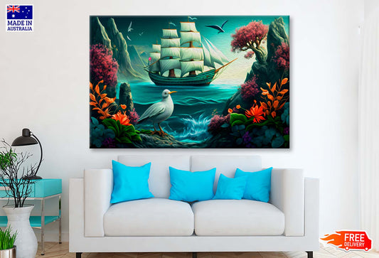 Sailing Boat in Sea and A Bird, Colorful Flowers Wall Art Limited Edition High Quality Print