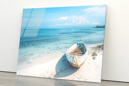 Beach with a Small Boat View Acrylic Glass Print Tempered Glass Wall Art 100% Made in Australia Ready to Hang