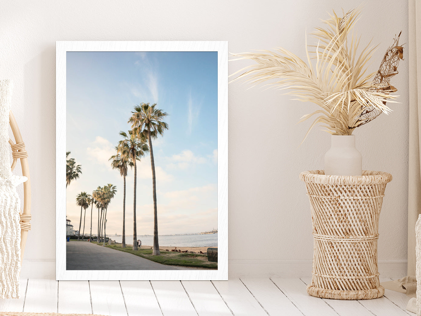 Palm Trees near Beach with Blue Sky Photograph Glass Framed Wall Art, Ready to Hang Quality Print Without White Border White