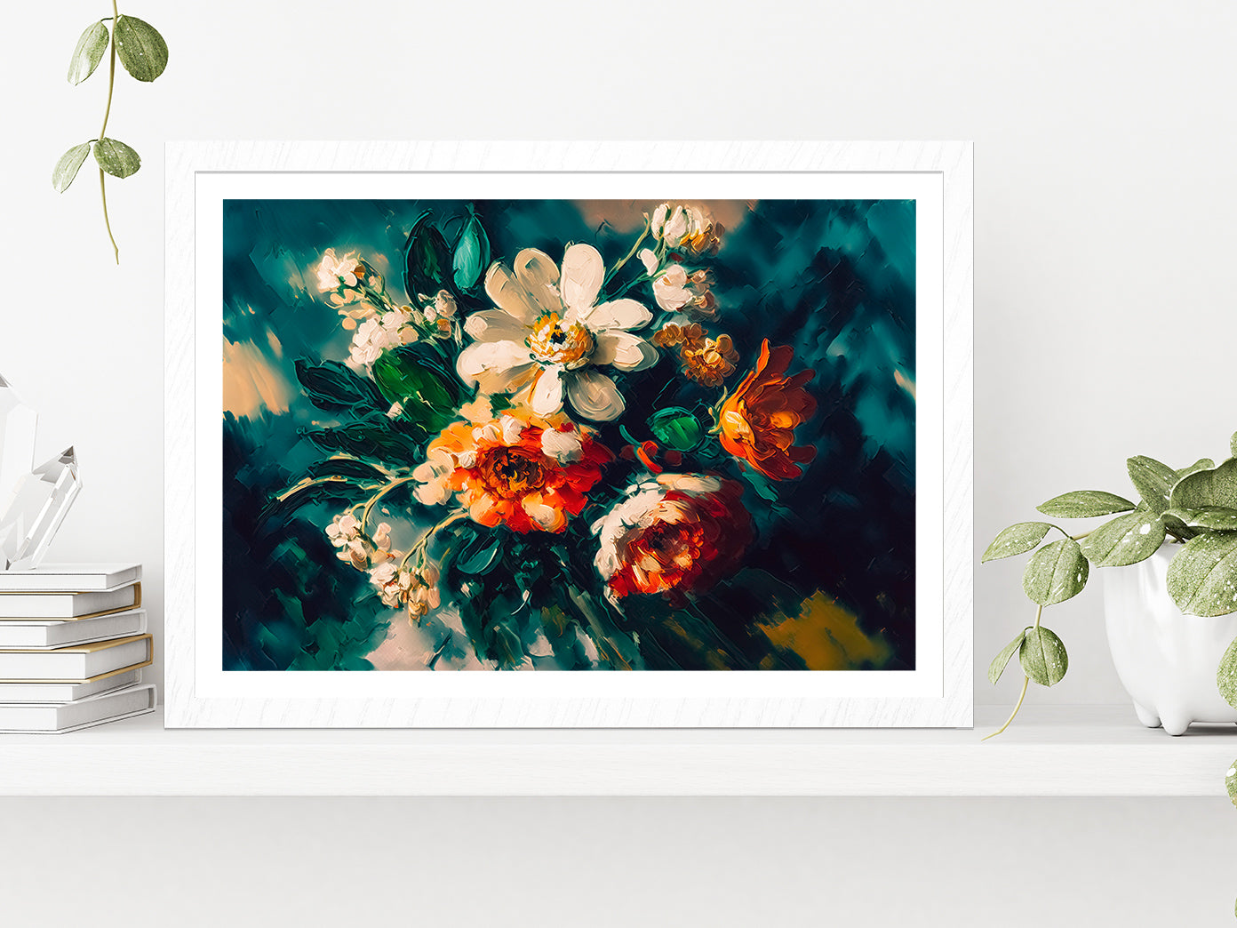 Abstract Colorful Flowers With Still Life Glass Framed Wall Art, Ready to Hang Quality Print With White Border White