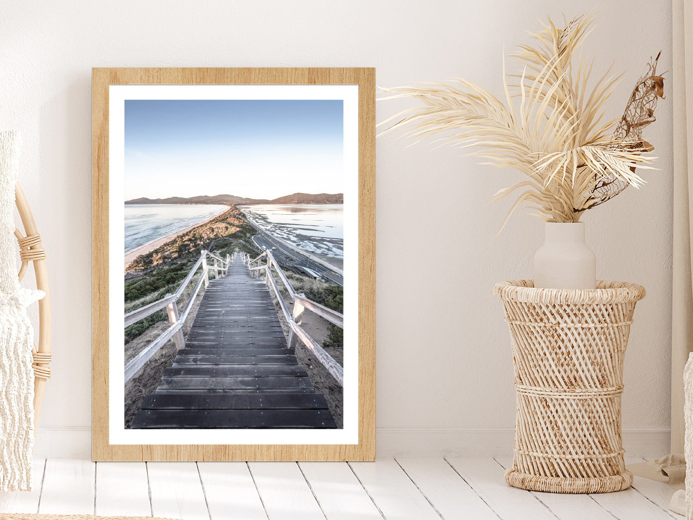 Wooden Path & Beach View Photograph Glass Framed Wall Art, Ready to Hang Quality Print With White Border Oak