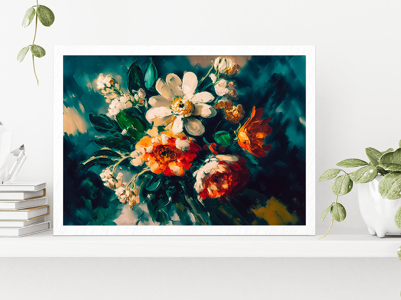 Abstract Colorful Flowers With Still Life Glass Framed Wall Art, Ready to Hang Quality Print Without White Border White