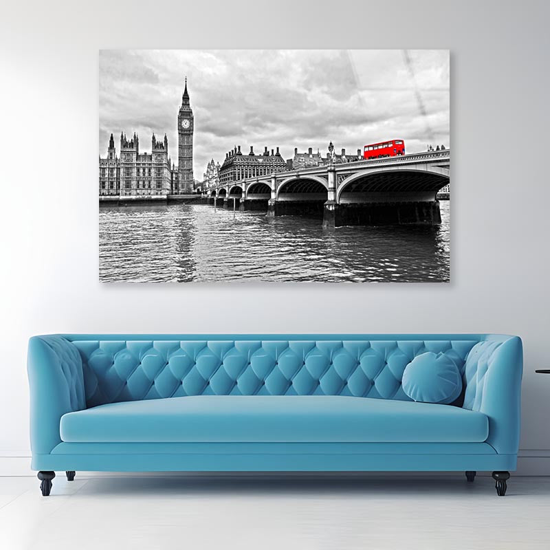 Red Bus on Westminster Bridge by The Houses of Parliament Acrylic Glass Print Tempered Glass Wall Art 100% Made in Australia Ready to Hang