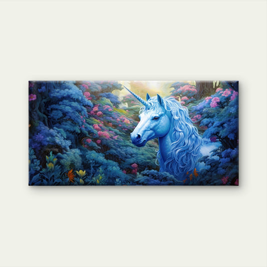 Mystic Blue Unicorn Fantasy Woodland Wall Art Canvas Office Home Framed 120x60cm