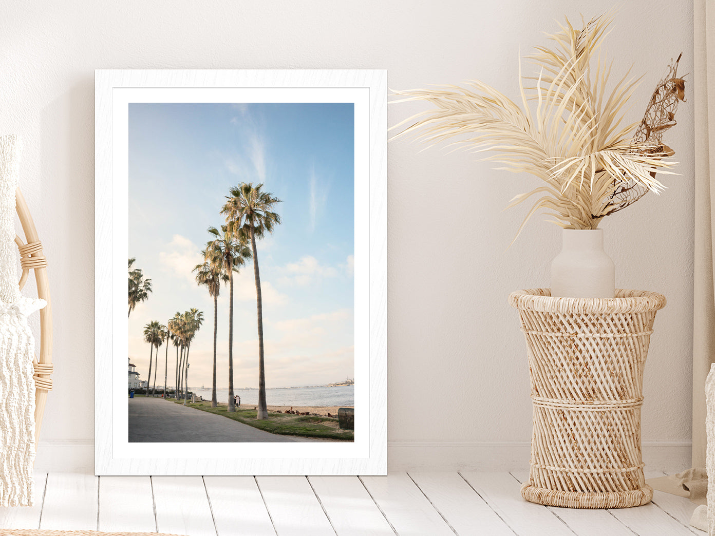 Palm Trees near Beach with Blue Sky Photograph Glass Framed Wall Art, Ready to Hang Quality Print With White Border White