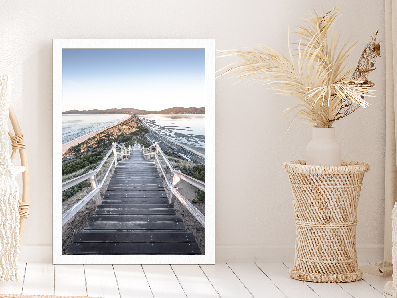 Wooden Path & Beach View Photograph Glass Framed Wall Art, Ready to Hang Quality Print Without White Border White