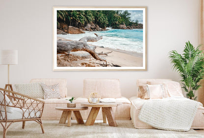 Rocks And Palm Trees Along the Shore, Seychelles Home Decor Premium Quality Poster Print Choose Your Sizes