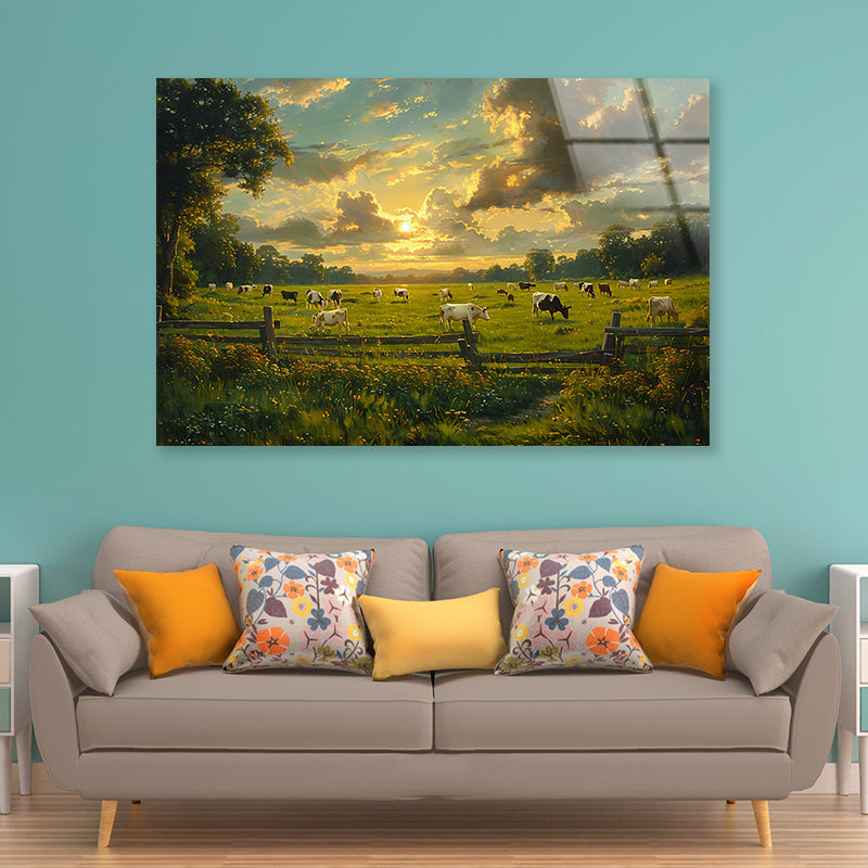 Herd of Cows Grazing In a Field under Cloudy Sky Acrylic Glass Print Tempered Glass Wall Art 100% Made in Australia Ready to Hang - Bella Home Decor
