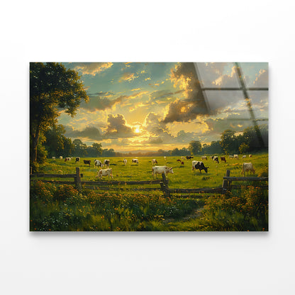Herd of Cows Grazing In a Field under Cloudy Sky Acrylic Glass Print Tempered Glass Wall Art 100% Made in Australia Ready to Hang - Bella Home Decor