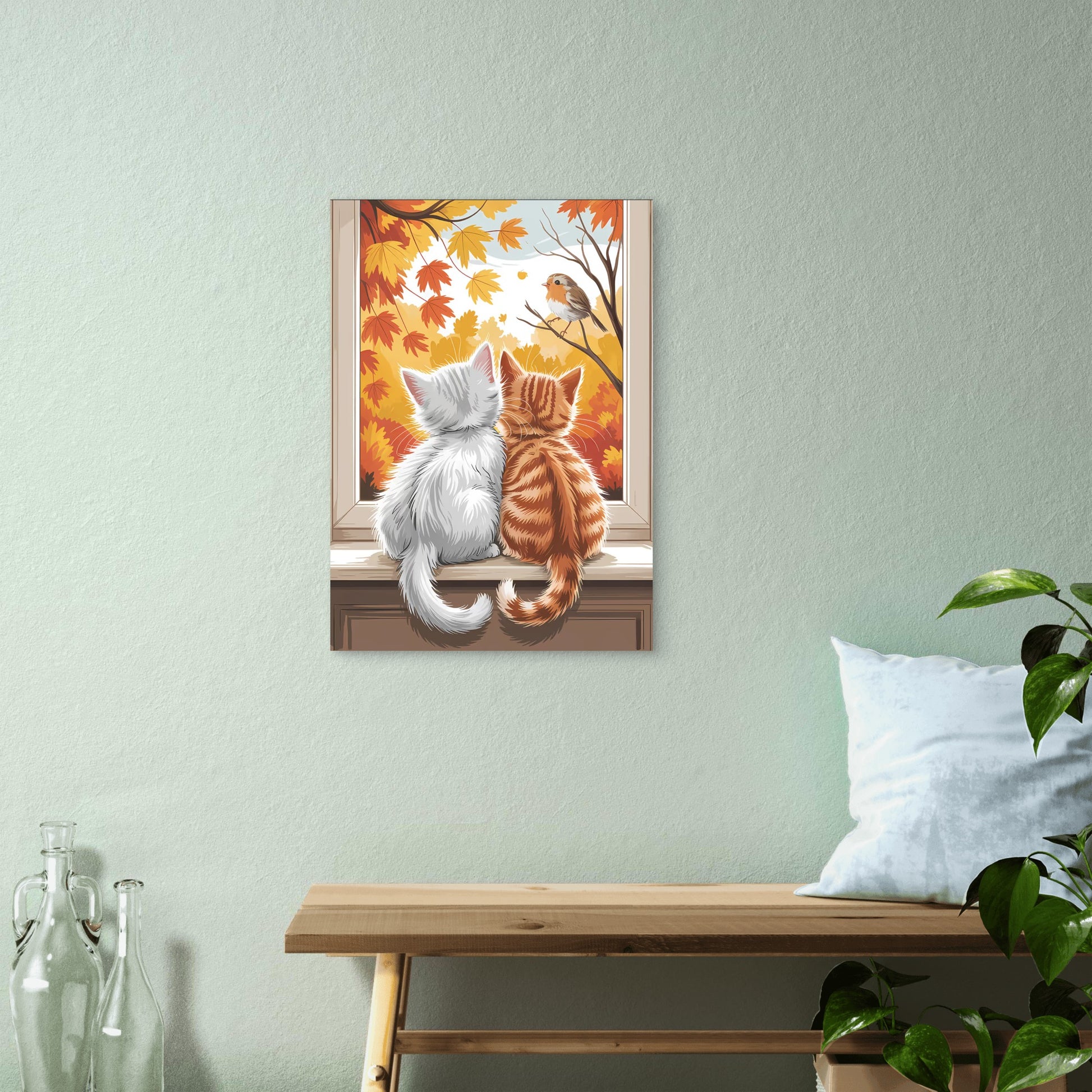 Kittens Watching Robin Autumn 40x60cm Metal Print Ready to Hang - Bella Home Decor