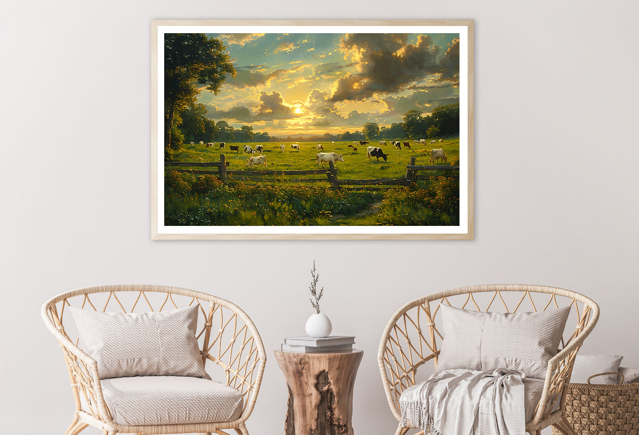 Herd of Cows Grazing In a Field under Cloudy Sky Home Decor Premium Quality Poster Print Choose Your Sizes