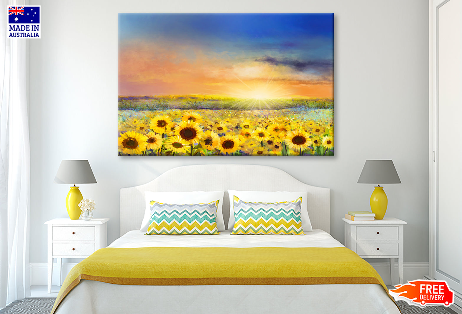 Rural Sunset Landscape With Golden Sunflower Oil Painting Wall Art Limited Edition High Quality Print