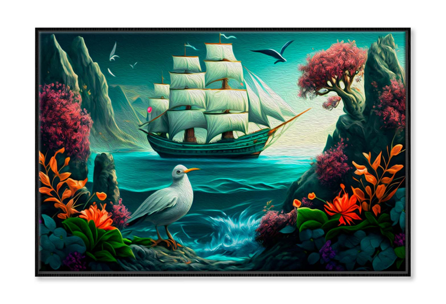 Sailing Boat in Sea and A Bird, Colorful Flowers Wall Art Limited Edition High Quality Print