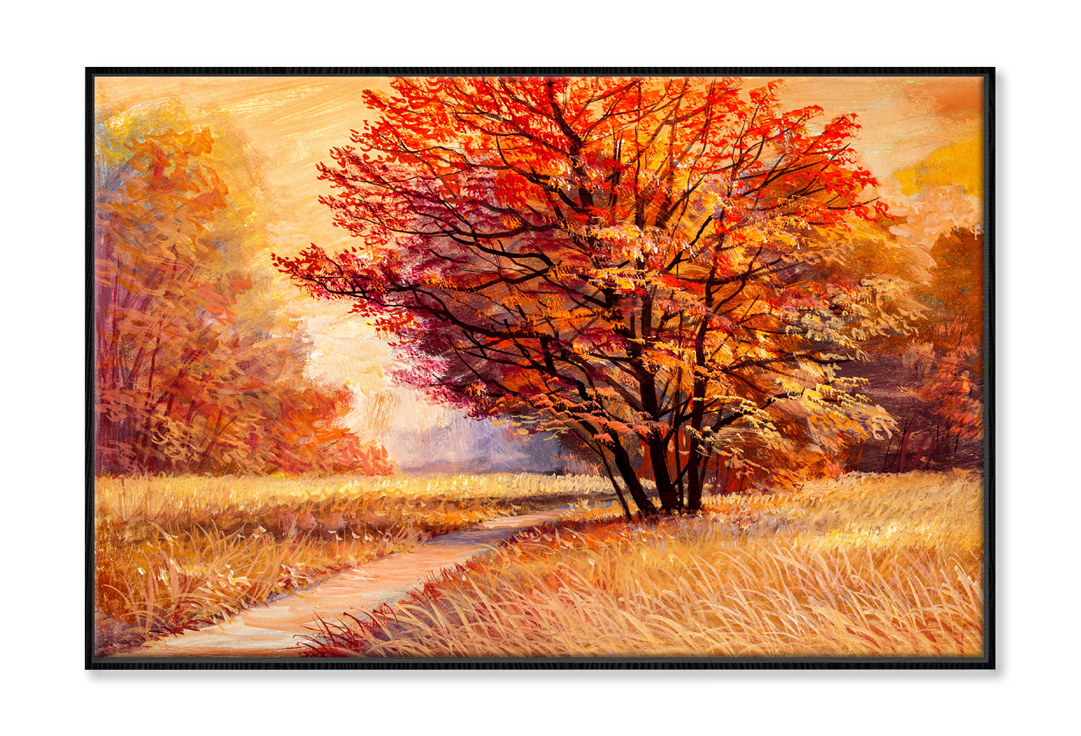 Orange Autumn Landscape with Tree Watercolor Painting Wall Art Limited Edition High Quality Print Canvas Box Framed Black