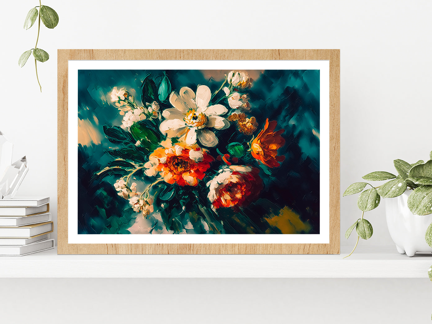 Abstract Colorful Flowers With Still Life Glass Framed Wall Art, Ready to Hang Quality Print With White Border Oak