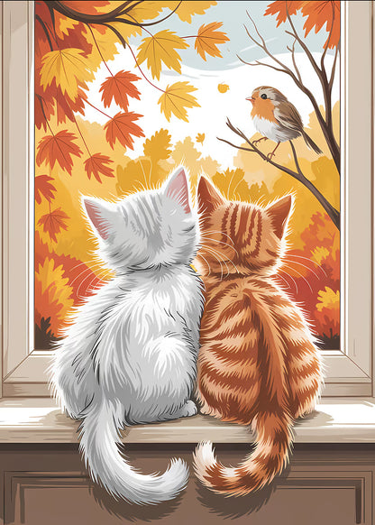 Kittens Watching Robin Autumn 40x60cm Metal Print Ready to Hang - Bella Home Decor