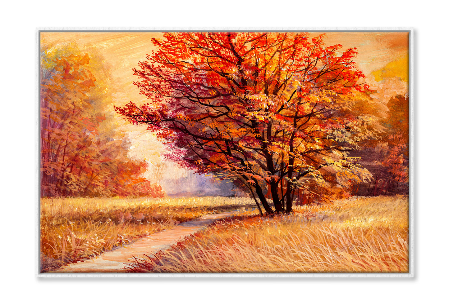 Orange Autumn Landscape with Tree Watercolor Painting Wall Art Limited Edition High Quality Print Canvas Box Framed White