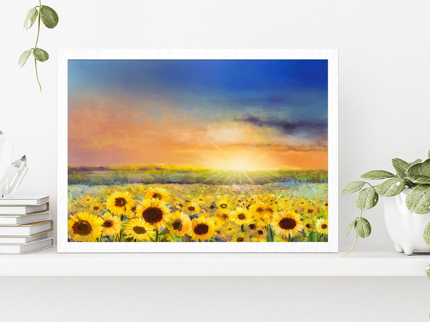 Rural Sunset Landscape With Golden Sunflower Glass Framed Wall Art, Ready to Hang Quality Print Without White Border White