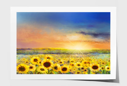 Rural Sunset Landscape With Golden Sunflower Oil Painting Wall Art Limited Edition High Quality Print Unframed Roll Canvas None