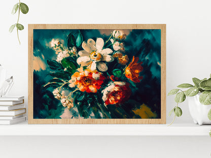 Abstract Colorful Flowers With Still Life Glass Framed Wall Art, Ready to Hang Quality Print Without White Border Oak