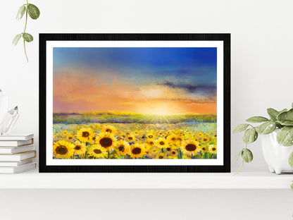 Rural Sunset Landscape With Golden Sunflower Glass Framed Wall Art, Ready to Hang Quality Print With White Border Black