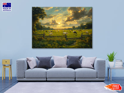Herd of Cows Grazing In a Field under Cloudy Sky Print 100% Australian Made - Bella Home Decor