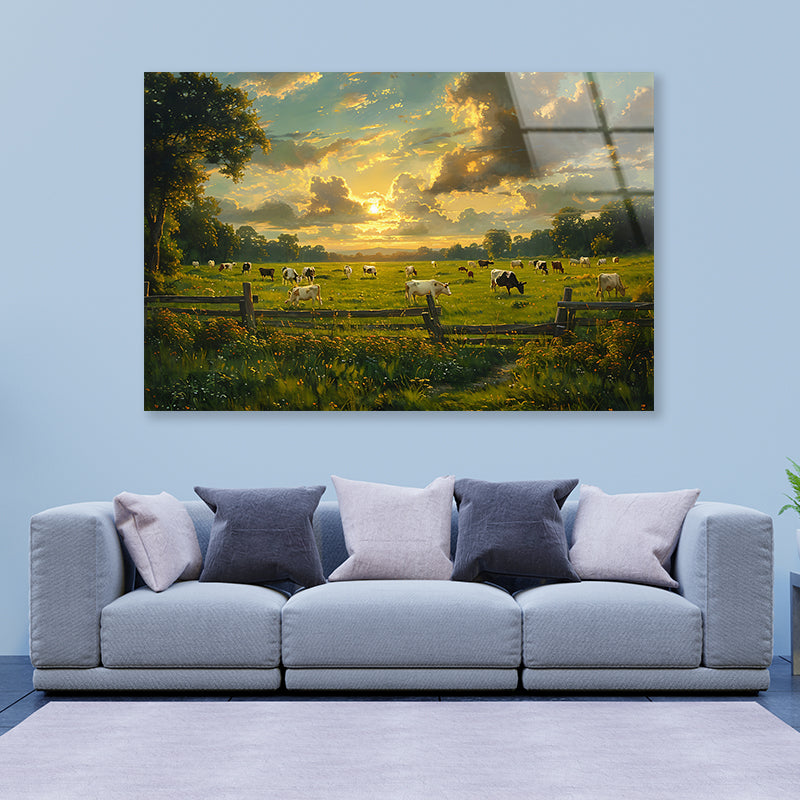 Herd of Cows Grazing In a Field under Cloudy Sky Acrylic Glass Print Tempered Glass Wall Art 100% Made in Australia Ready to Hang - Bella Home Decor