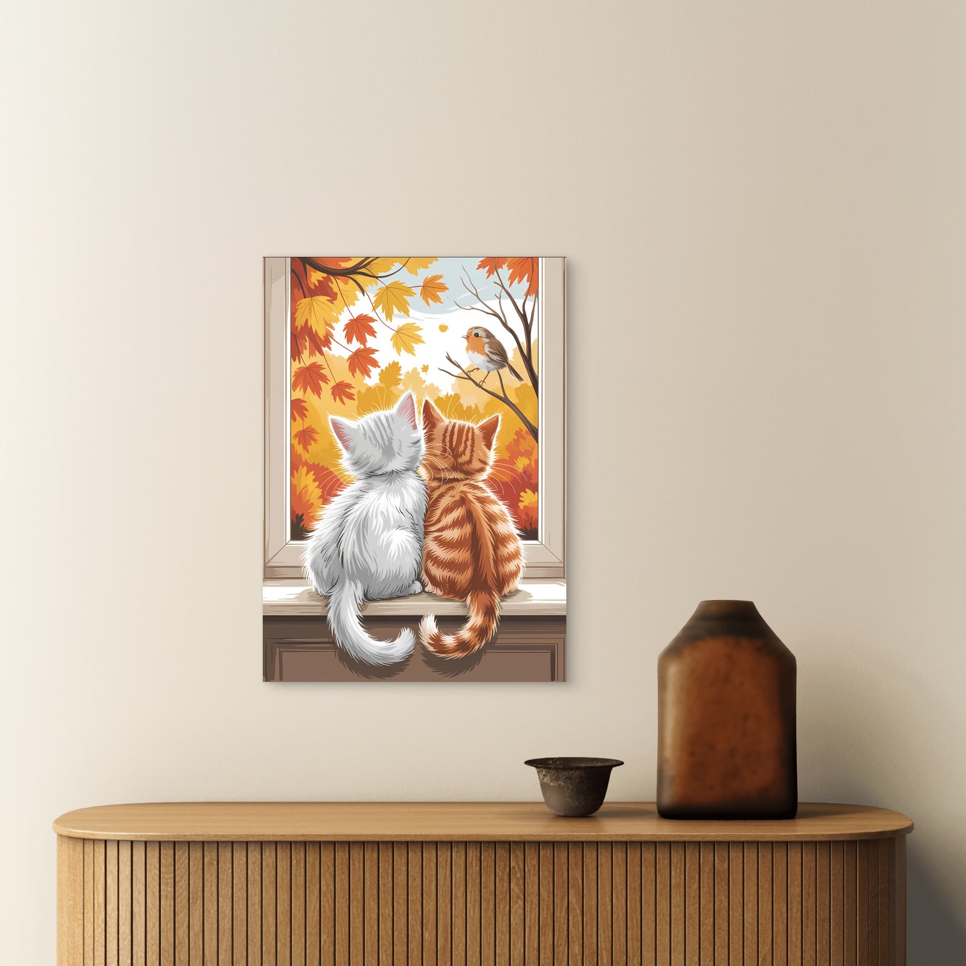 Kittens Watching Robin Autumn 40x60cm Metal Print Ready to Hang - Bella Home Decor