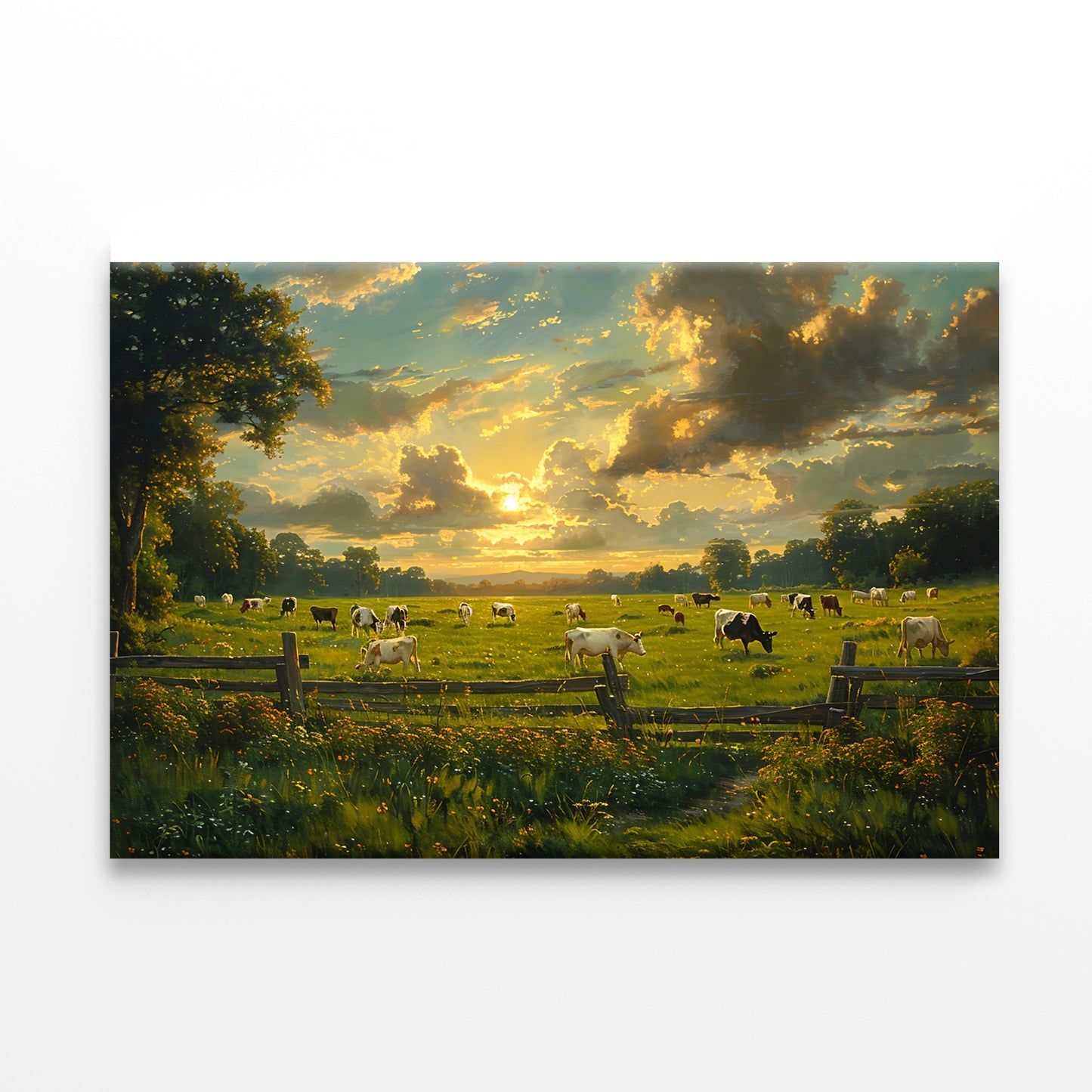 Herd of Cows Grazing In a Field under Cloudy Sky Print 100% Australian Made - Bella Home Decor