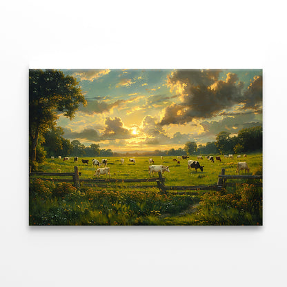 Herd of Cows Grazing In a Field under Cloudy Sky Print 100% Australian Made - Bella Home Decor