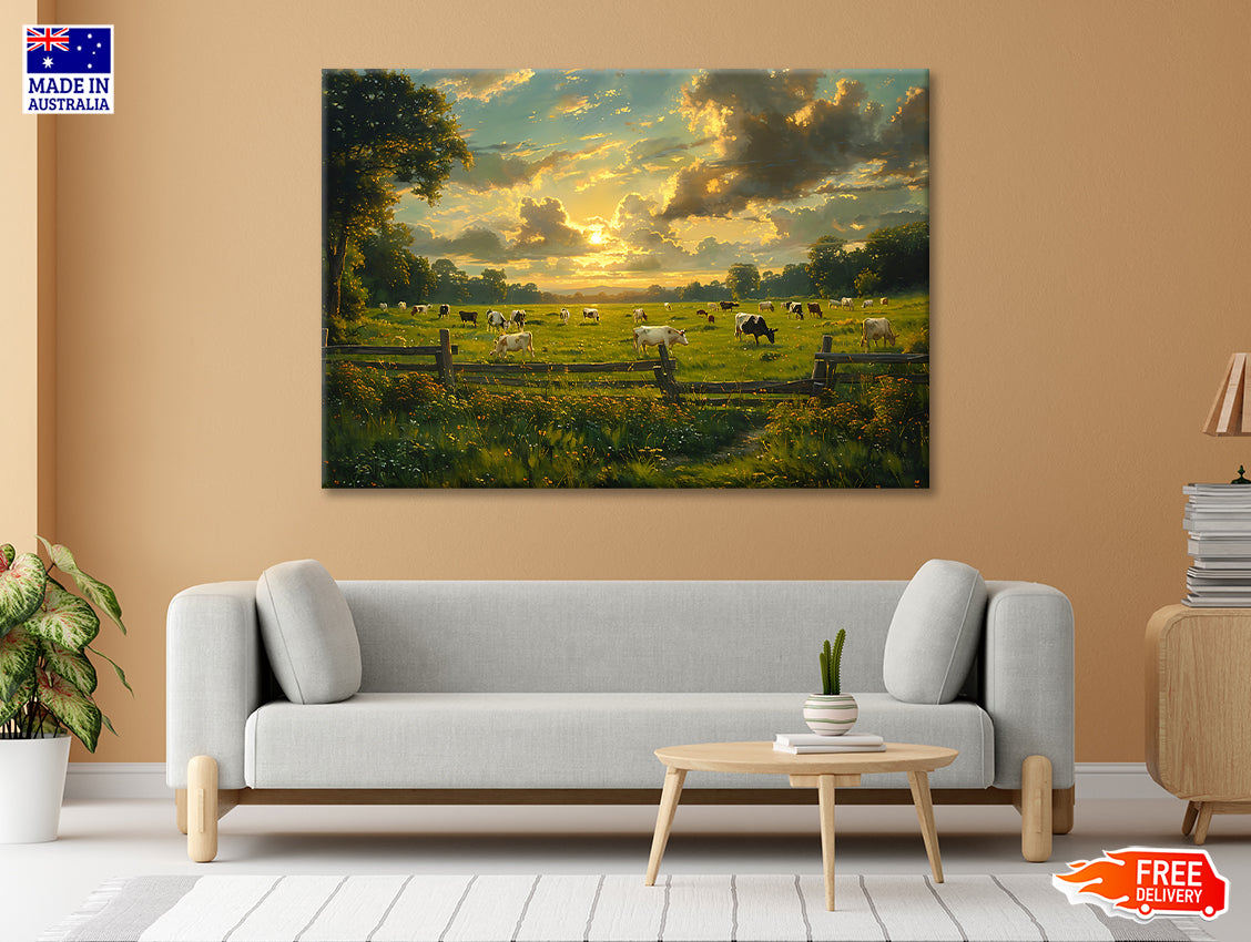 Herd of Cows Grazing In a Field under Cloudy Sky Print 100% Australian Made - Bella Home Decor