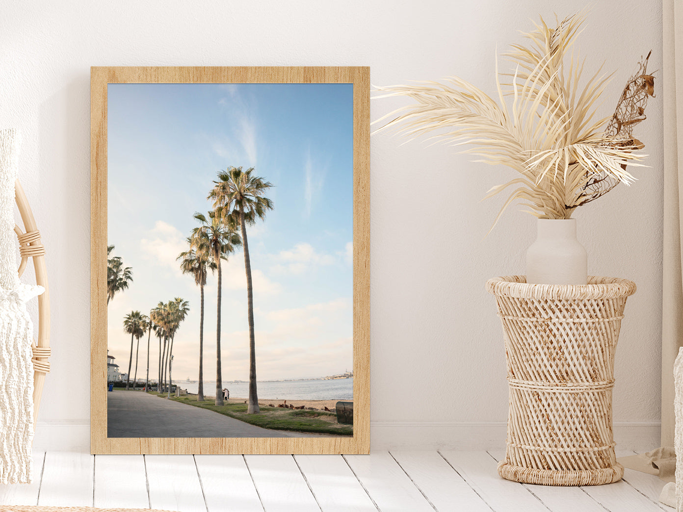 Palm Trees near Beach with Blue Sky Photograph Glass Framed Wall Art, Ready to Hang Quality Print Without White Border Oak