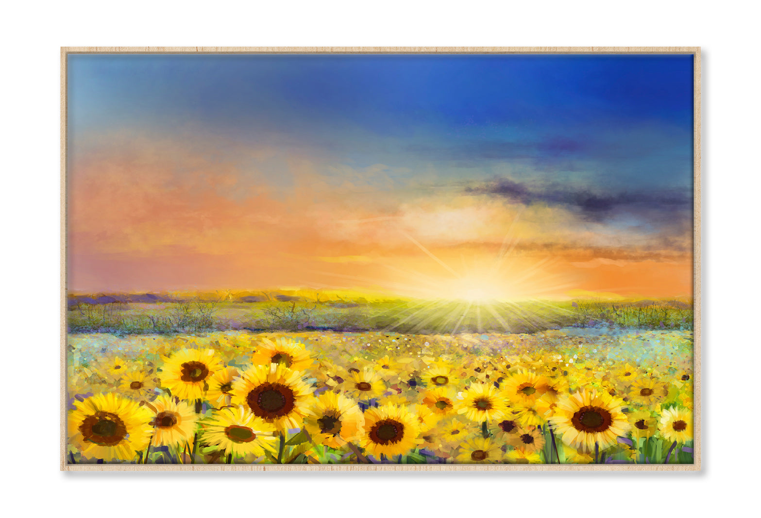 Rural Sunset Landscape With Golden Sunflower Oil Painting Wall Art Limited Edition High Quality Print Canvas Box Framed Natural