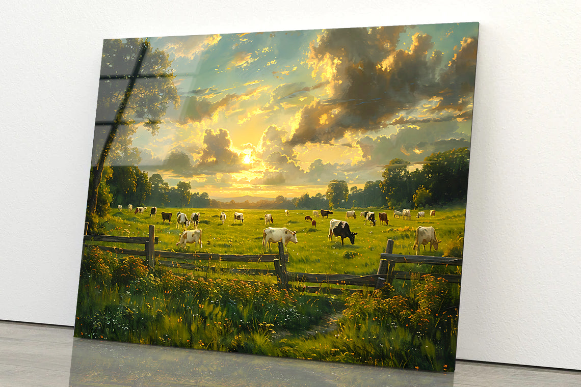 Herd of Cows Grazing In a Field under Cloudy Sky Acrylic Glass Print Tempered Glass Wall Art 100% Made in Australia Ready to Hang - Bella Home Decor
