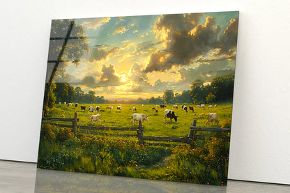 Herd of Cows Grazing In a Field under Cloudy Sky Acrylic Glass Print Tempered Glass Wall Art 100% Made in Australia Ready to Hang - Bella Home Decor
