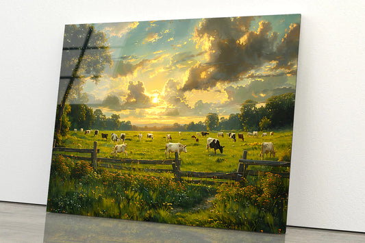 Herd of Cows Grazing In a Field under Cloudy Sky Acrylic Glass Print Tempered Glass Wall Art 100% Made in Australia Ready to Hang - Bella Home Decor