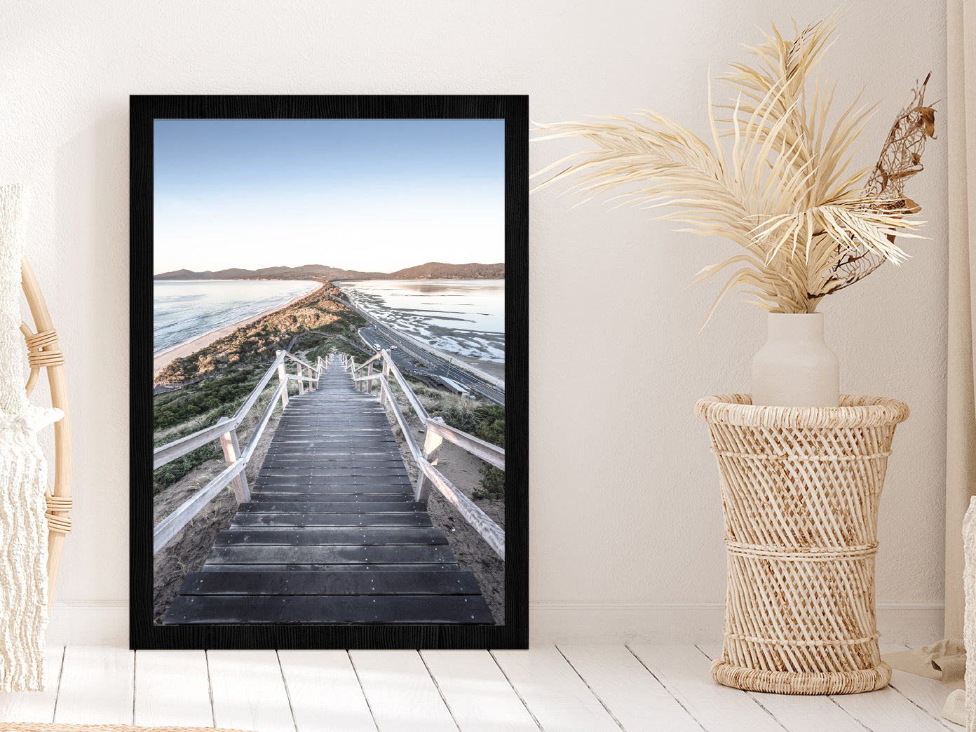 Wooden Path & Beach View Photograph Glass Framed Wall Art, Ready to Hang Quality Print Without White Border Black