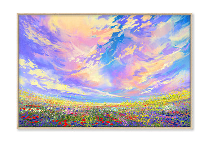 Colorful Flowers in Field under Cloudy Sky Painting Wall Art Limited Edition High Quality Print Canvas Box Framed Natural