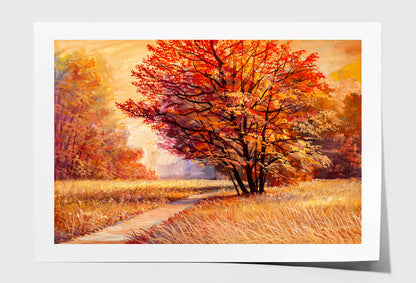 Orange Autumn Landscape with Tree Watercolor Painting Wall Art Limited Edition High Quality Print Unframed Roll Canvas None