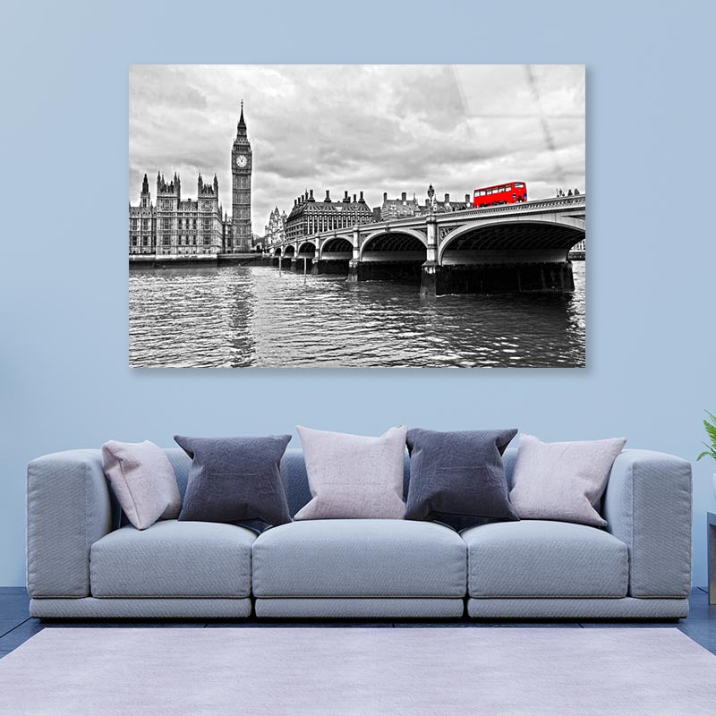 Red Bus on Westminster Bridge by The Houses of Parliament Acrylic Glass Print Tempered Glass Wall Art 100% Made in Australia Ready to Hang