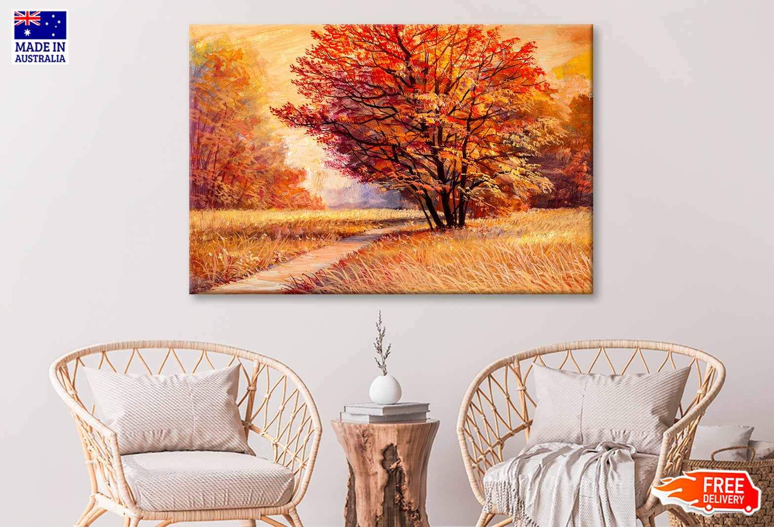 Orange Autumn Landscape with Tree Watercolor Painting Wall Art Limited Edition High Quality Print