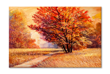 Orange Autumn Landscape with Tree Watercolor Painting Wall Art Limited Edition High Quality Print Stretched Canvas None