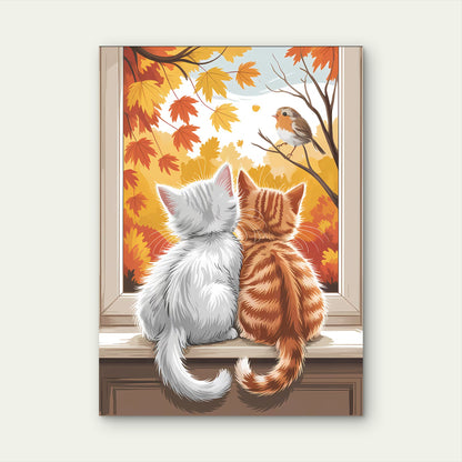 Kittens Watching Robin Autumn 40x60cm Metal Print Ready to Hang - Bella Home Decor